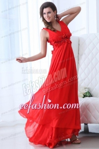 Empire Wine Red V-neck Ruching Appliques Floor-length Prom Dress