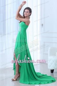 Green Sweetheart Beading and Ruching High-low Prom Dress