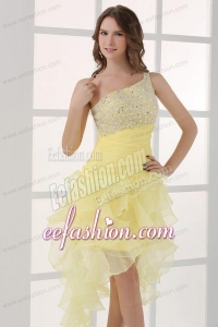 Light Yellow One Shoulder Asymmetrical Organza Prom Dress with Beading