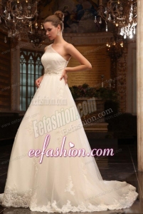 A-Line One Shoulder Chapel Train Appliques Tulle Wedding Dress with Side Zipper