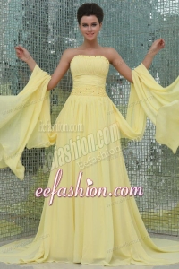 A-line Strapless Beading and Ruching Chiffon Light Yellow Prom Dress