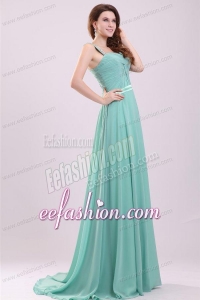 Aqua Blue Empire Straps Beading Green Chiffon Prom Dress with Brush Train