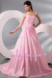 Rose Pink Strapless Ruching Brush Train Taffeta Prom Dress