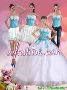 2015 Beautiful Strapless Beading and Appliques Quinceanera Dress in White and Blue