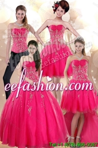 2015 Elegant Strapless Hot Pink Dresses for Quince with Appliques