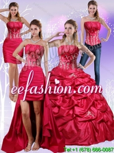2015 Strapless Red Quinceanera Dress with Appliques and Pick Ups
