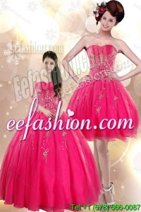 Beautiful Strapless Floor Length Quince Dresses with Appliques in Hot Pink