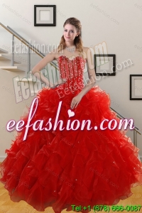 Gorgeous 2015 Sweetheart Red Quince Gowns with Beading and Ruffles