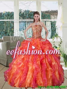 Multi Color Strapless Quince Dress with Beading and Ruffles