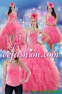 2015 Beautiful Rose Pink Strapless Dresses for Quince with Ruffles and Beading