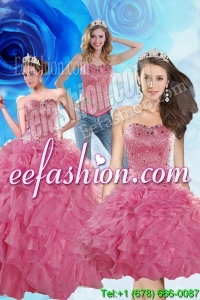 2015 Brand New Coral Red Sweet 16 Dresses with Beading and Ruffles
