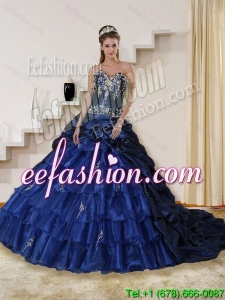 2015 Detachable Embroidery and Beaded Strapless Quinceanera Dress in Navy Blue