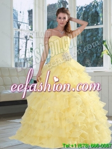2015 Yellow Sweetheart Quinceanera Dress with Beading and Ruffled Layers