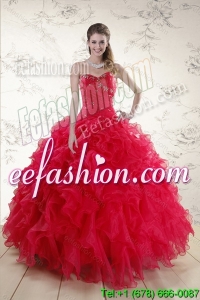 Classical Red 2015 Quince Dresses with Ruffles and Beading
