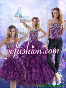 Fantastic Purple Strapless Quince Dresses with Appliques and Ruffles for 2015