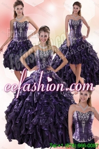 Luxurious Sweetheart Ball Gown Purple Quince Dresses with Embroidery