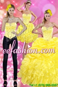 Most Popular Yellow 2015 Quince Dresses with Beading and Ruffles