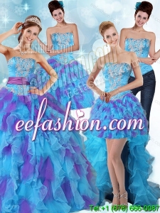 Multi Color Strapless Quinceanera Dress with Ruffles and Sashes