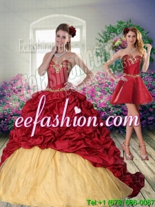Pretty 2015 Sweetheart Wine Red Brush Train Quinceanera Dress with Beading
