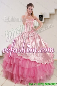 Strapless Pink 2015 Cute Quinceanera Dresses with Embroidery and Ruffles