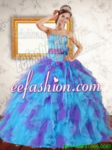 Trendy Ruffles and Sash Strapless Quinceanera Dress in Multi Color