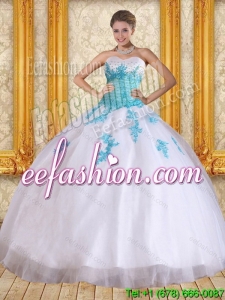 2015 Cute Sweetheart Floor Length Quinceanera Dress in White and Blue