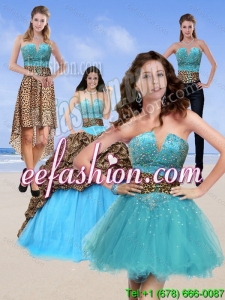 2015 Unique Leopard Print Baby Blue Quinceanera Dresses with Brush Train and Beading