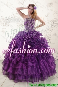 Lovely Purple Strapless Appliques and Ruffles Quince Dresses for 2015