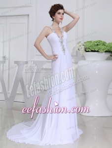 2014 Column V-neck Chiffon Beading Wedding Dress with Sweep Train