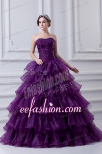 2014 Eggplant Purple Strapless Ball Gown Beading and Embroidery Quinceanera Dress