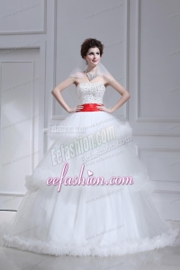 2014 Spring Beautiful Ball Gown Strapless Beading Ruffled Layers Chapel Train Wedding Dress