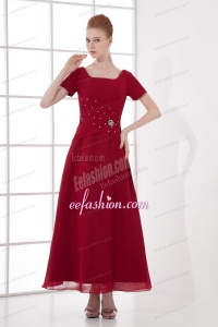 A-line Burgundy Ankle-Length Chiffon Beading and Ruching Prom Dress