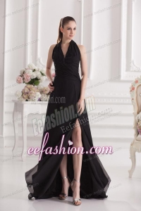 A-line Halter Top Floor-length Chiffon Black High Slit Prom Dress