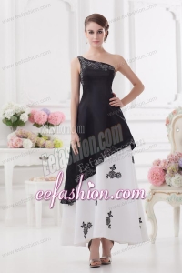 A-line One Shoulder Embroidery Black and White Ankle-length Prom Dress