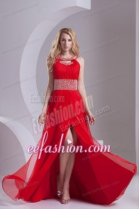 A-line Scoop Chiffon Beading and Ruching Sweep Train Prom Dress