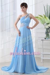Aqua Blue One Shoulder Beading and Ruching Court Train Prom Dress