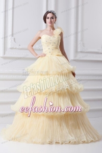 Beautiful A-line One Shoulder Beading Ruffled Layers Quinceanera Dress in Light Yellow