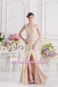 Champagne Empire Prom Dress with Ruching and Appliques