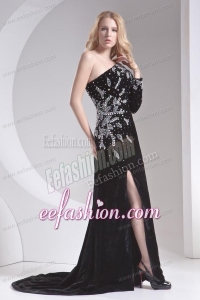 Column Black One Shoulder Beading High Slit Elastic Woven Satin Prom Dress