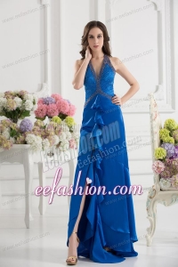 Column Blue Empire Halter Top Prom Dress with Beading and High Slit