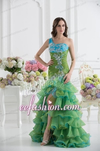 Column One Shoulder Organza Green Prom Dress with Appliques and Ruffed Layers