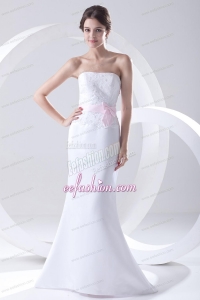 Column Strapless Sashes and Appliques Wedding Dress with Brush Train