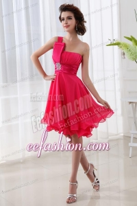 Coral Red A-line One Shoulder Chiffon Ruching Prom Dress