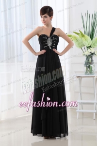 Empire Beading Chiffon Black One Shoulder Prom Dress