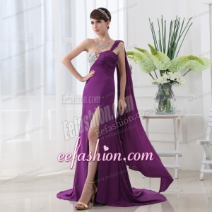 Empire Eggplant Purple Prom Dress with Watteau Trian Strain and Beading Ruching