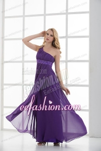 Empire One Shoulder Beading Chiffon Purple Prom Dress