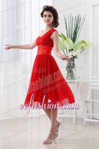 Empire One Shoulder Belt Knee-length Red Prom Dress