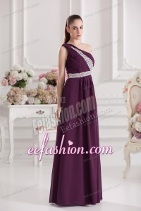 Empire One Shoulder Floor-length Beading Ruching Purple Prom Dress
