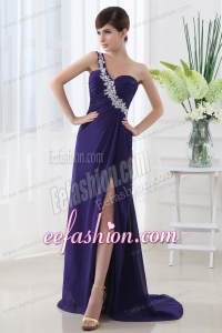 Empire Prom Dress with Ruchings and Beading One Shoulder High Spilt Purple