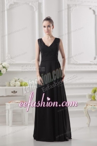 Empire V-neck Floor-length Ruching Black Prom Dress